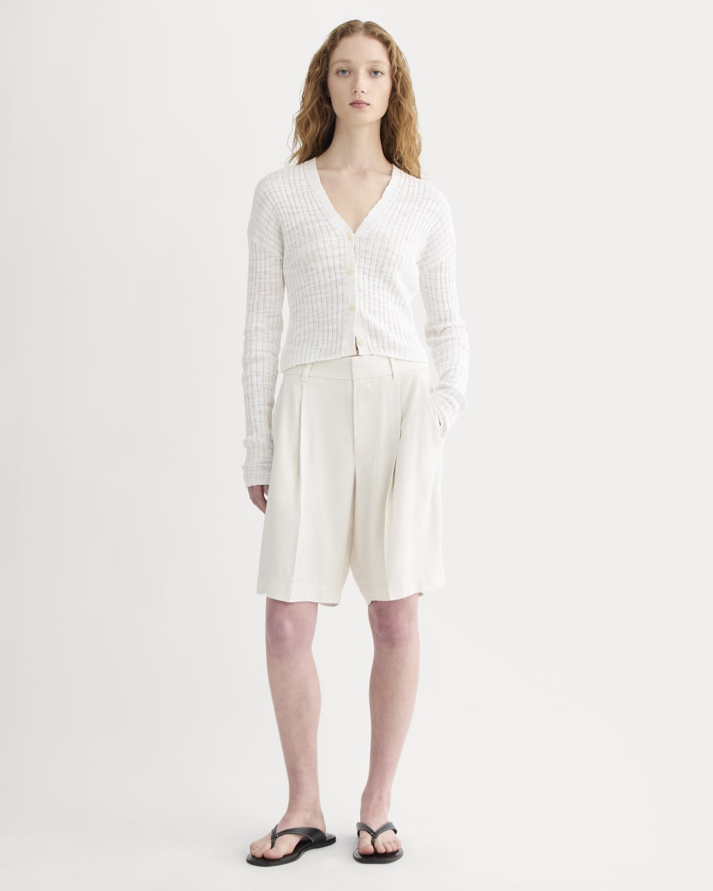 The Ribbed Cardigan in Cotton Linen in White — detail view