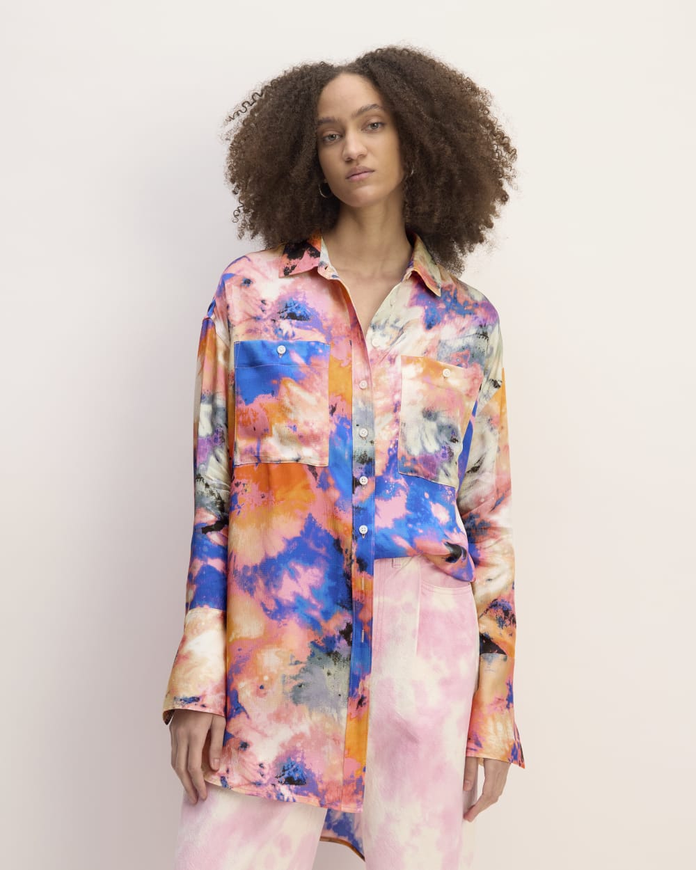 The Everlane x Marques' Almeida Satin Tie-Dye Shirt in Multi Tie-Dye — front view