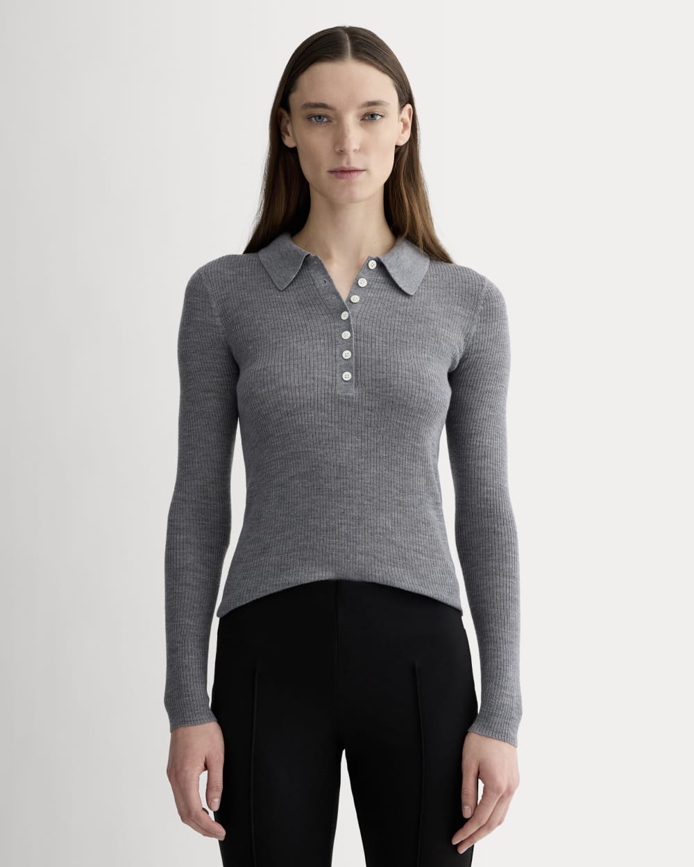 The Polo in Ultrasoft Merino in Heather Mid Grey — front view