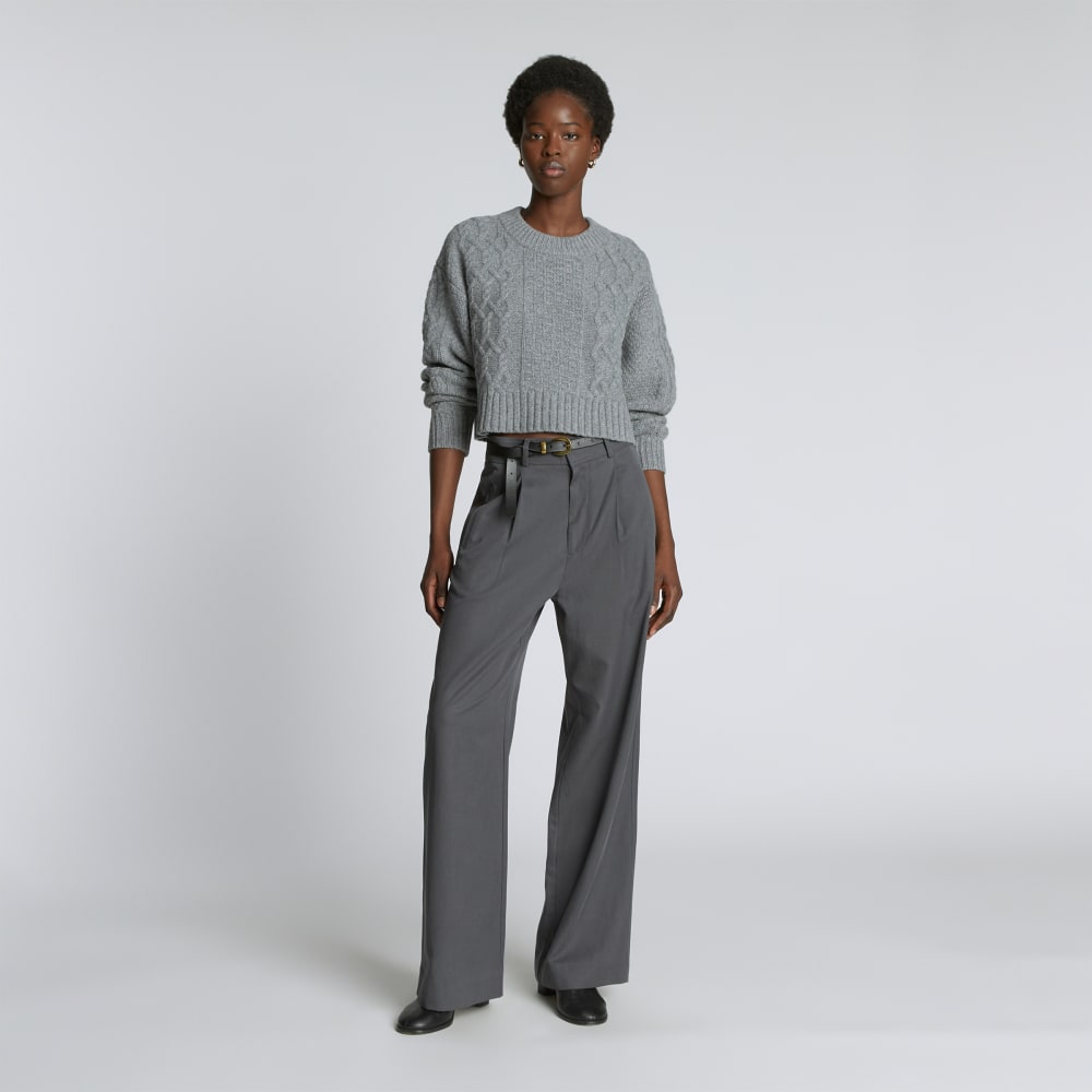 The Felted Merino Cropped Cable Sweater in Heathered Mid-Grey — detail view