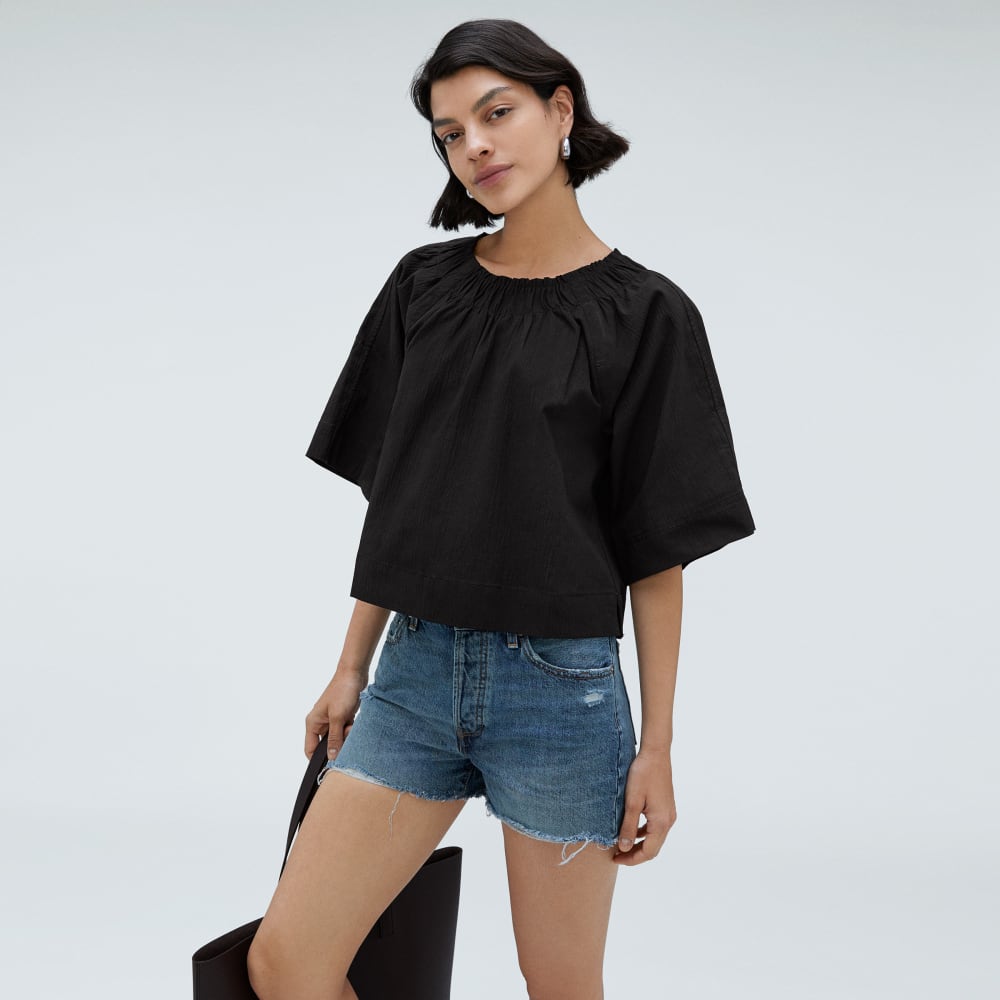 The Seersucker Gathered Tee in Black — detail view