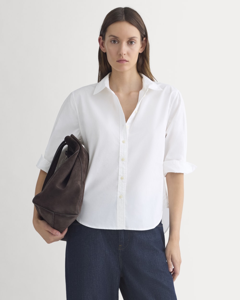 Cuff Detail Shirt in Lightweight Cotton in White — front view
