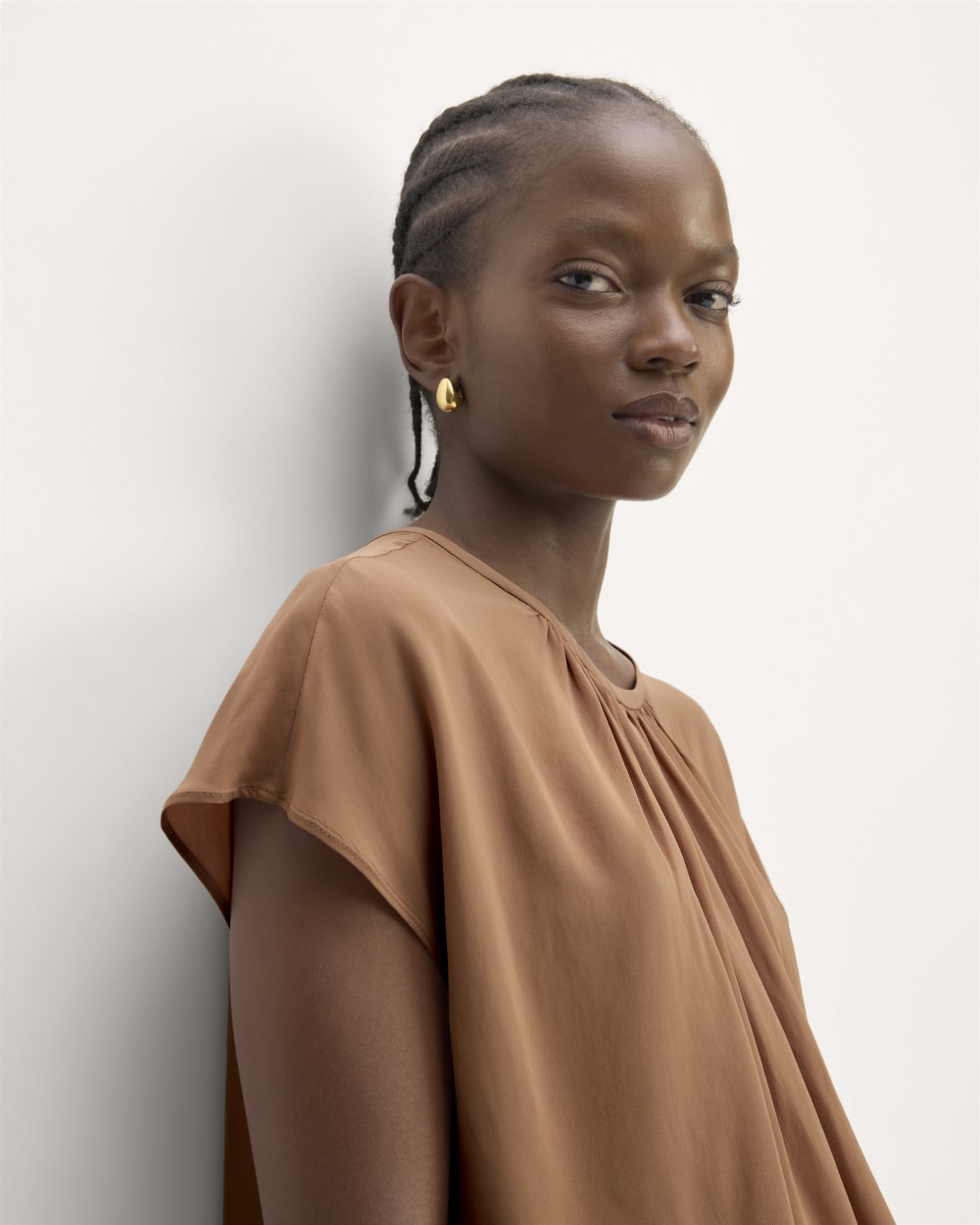 The Gathered Neck Top in Carob Brown — front view
