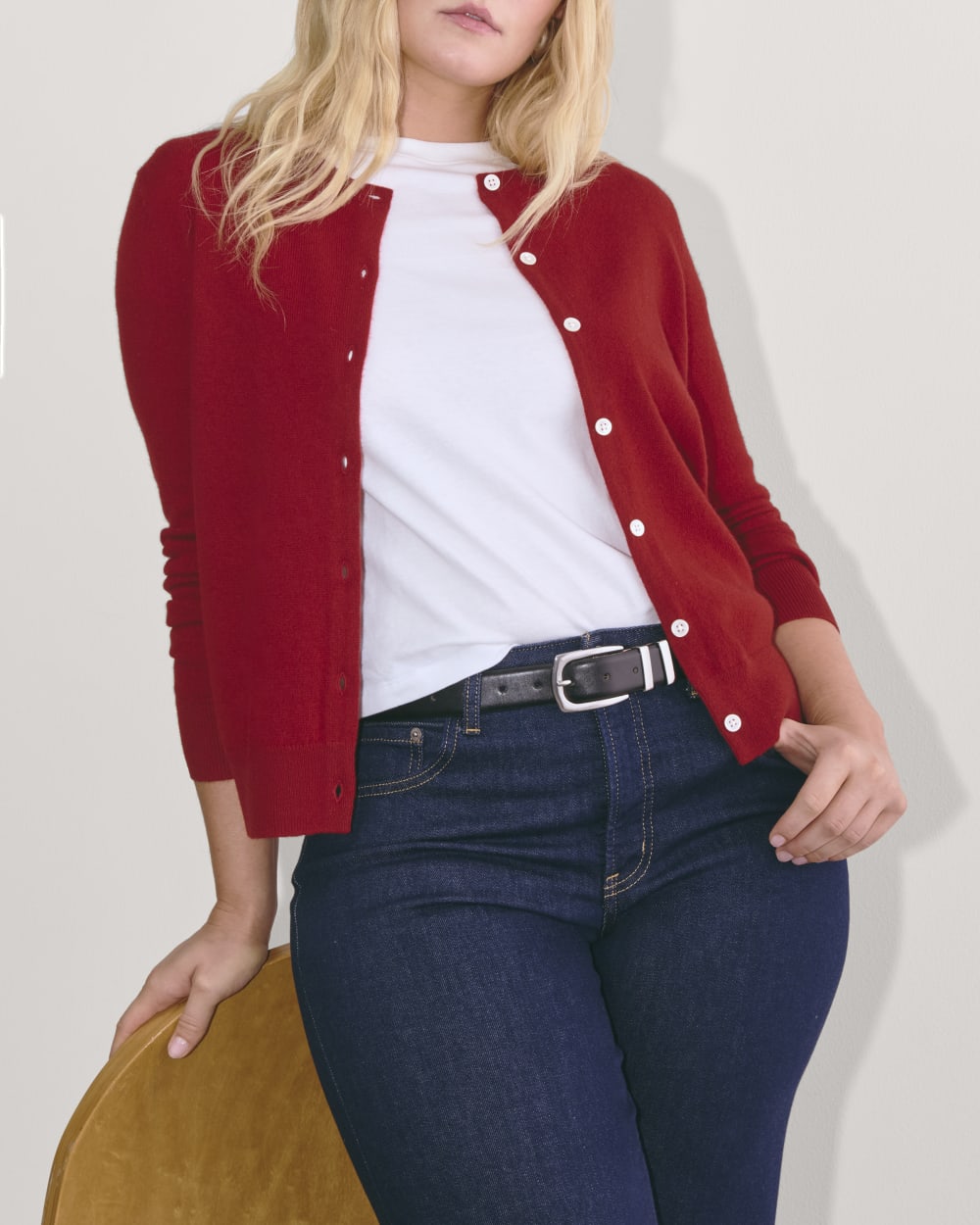 The Classic Cardigan in Cashmere in Berry Red — detail view