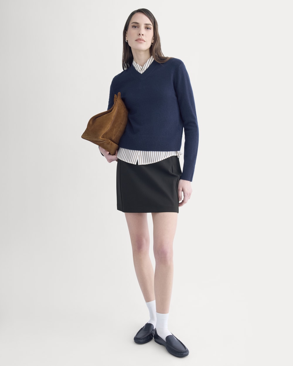 Cashmere Cropped High-V Sweater in Navy — detail view