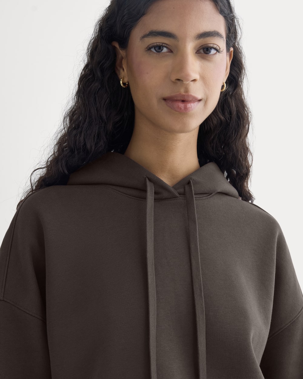 Cropped Luxe Fleece Hoodie in Dark Chocolate — detail view