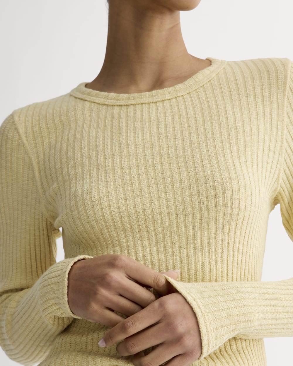 The Cozy Rib Long-Sleeve Tee in Banana Crepe — detail view