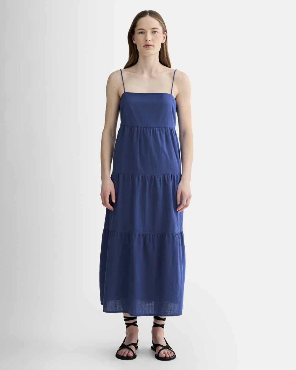 The Gauze Tiered Dress in Mazarine Blue — front view