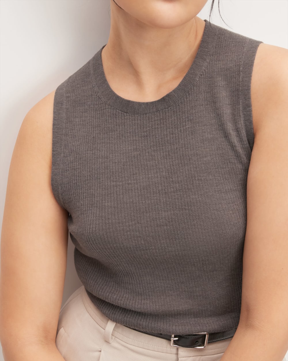 The Tank in Ultrasoft Merino in Heather Cocoa — detail view