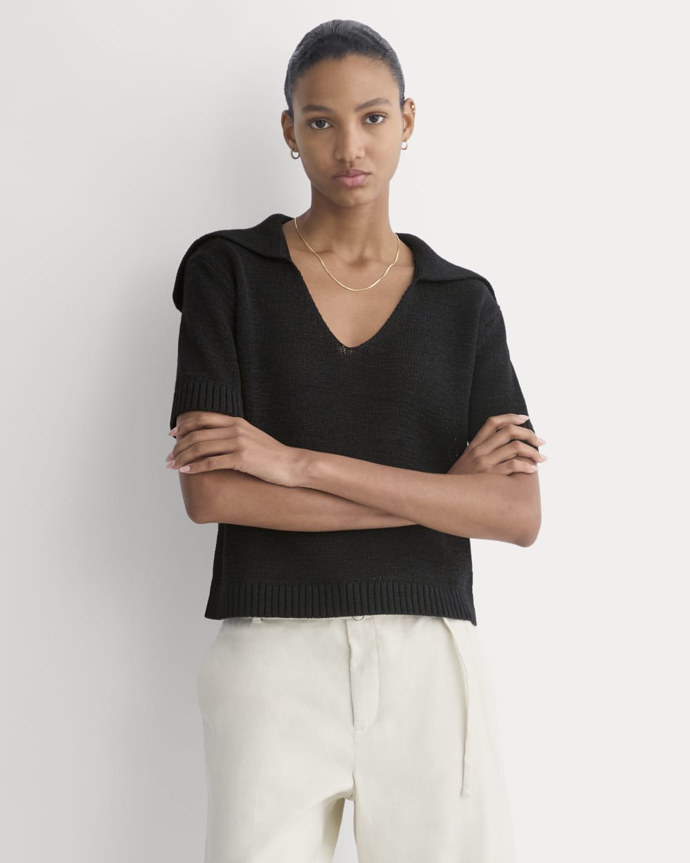 Open Collar Polo in Black — front view