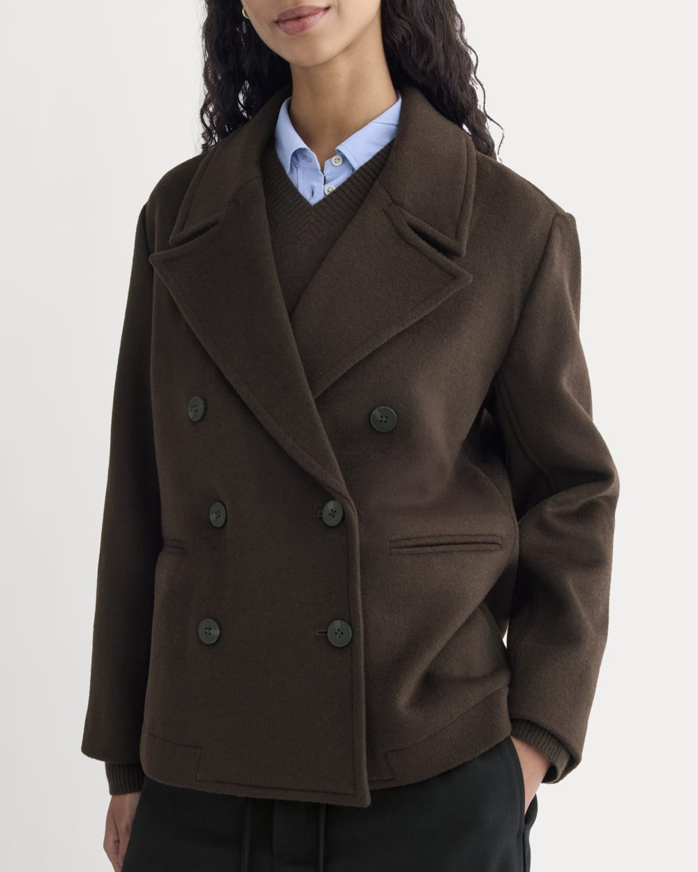 ReWool Short Peacoat in Dark Chocolate — detail view