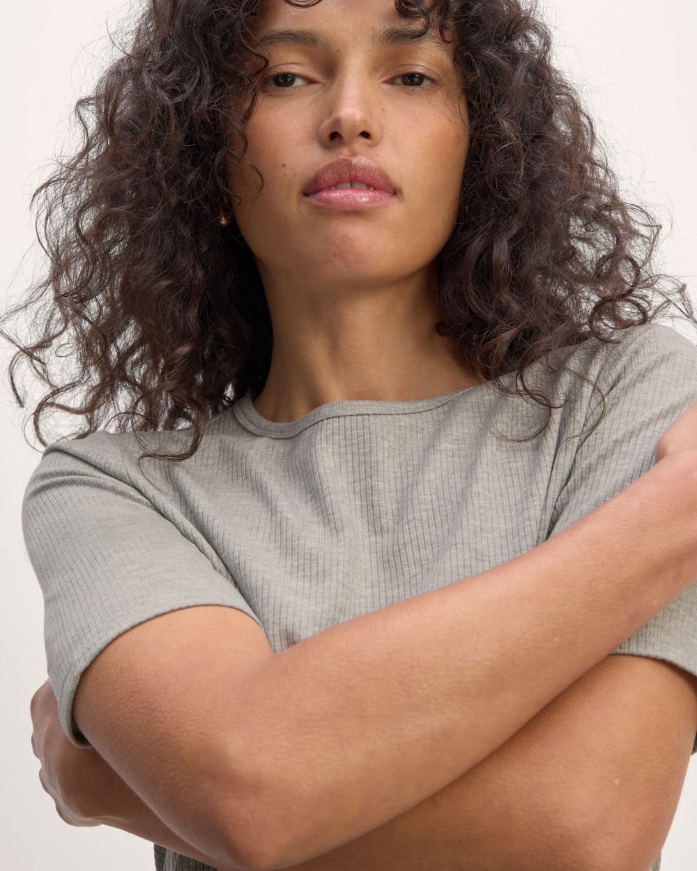 The Shimmy Tee in Heathered Grey — detail view