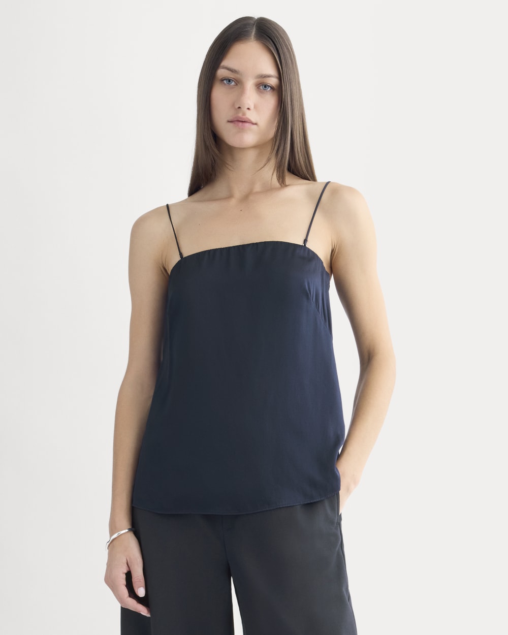 Thin Strap Cami in Silk Charmeuse in Navy — front view