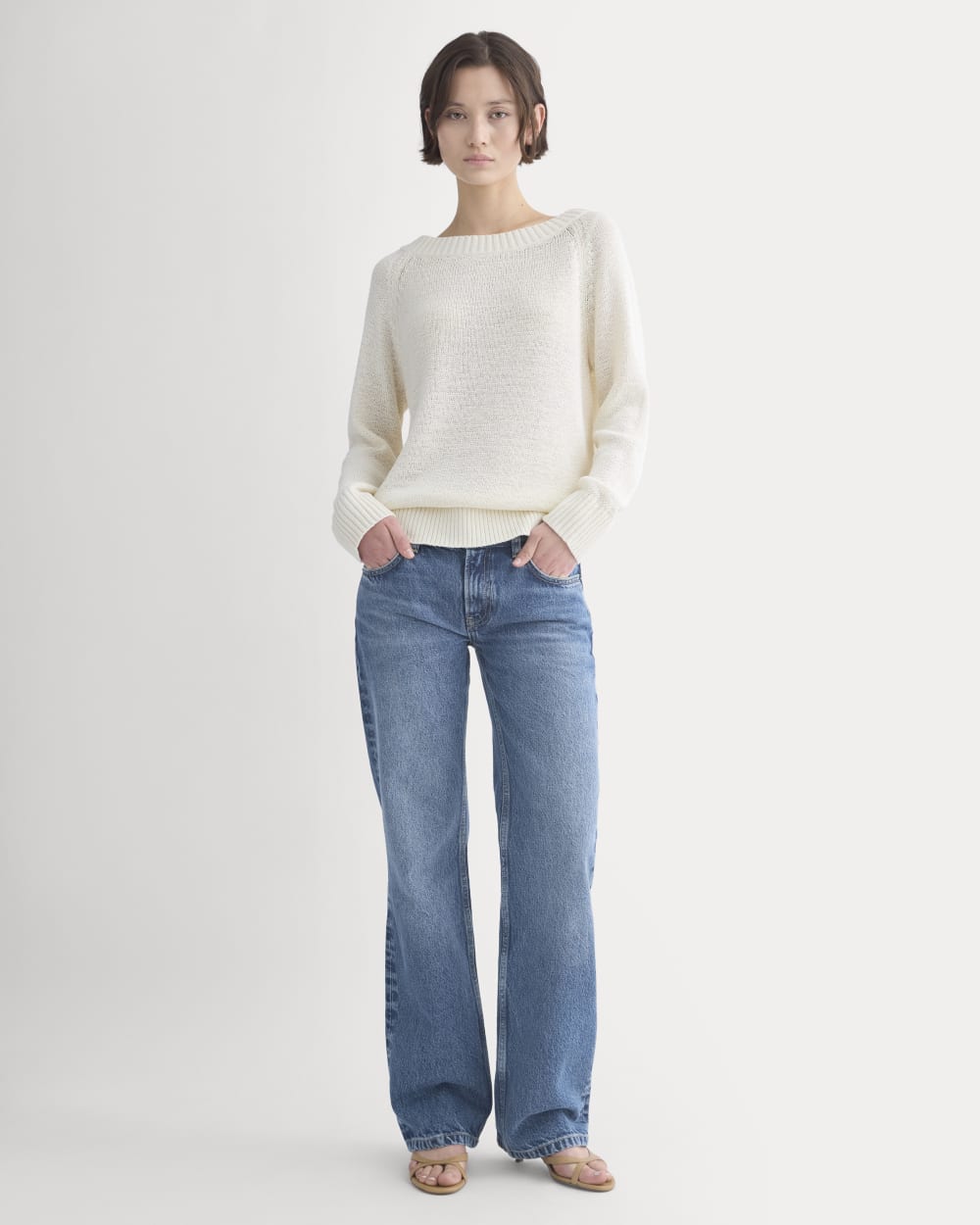 Wide-Neck Crew Sweater in Tape Yarn in Bone — detail view