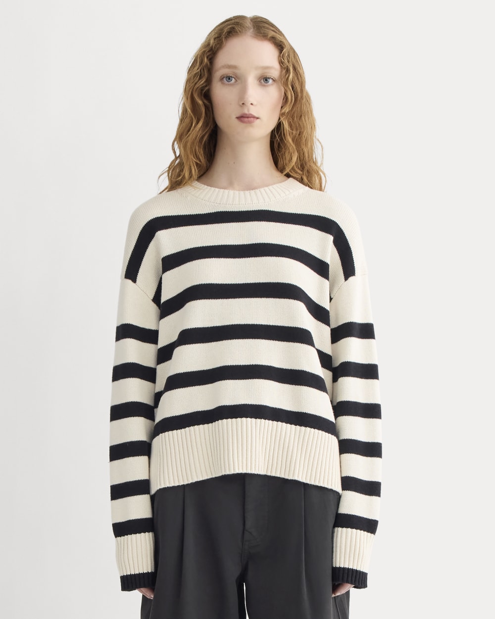 The Boxy Sweater in Everyday Cotton in Canvas / Black — front view