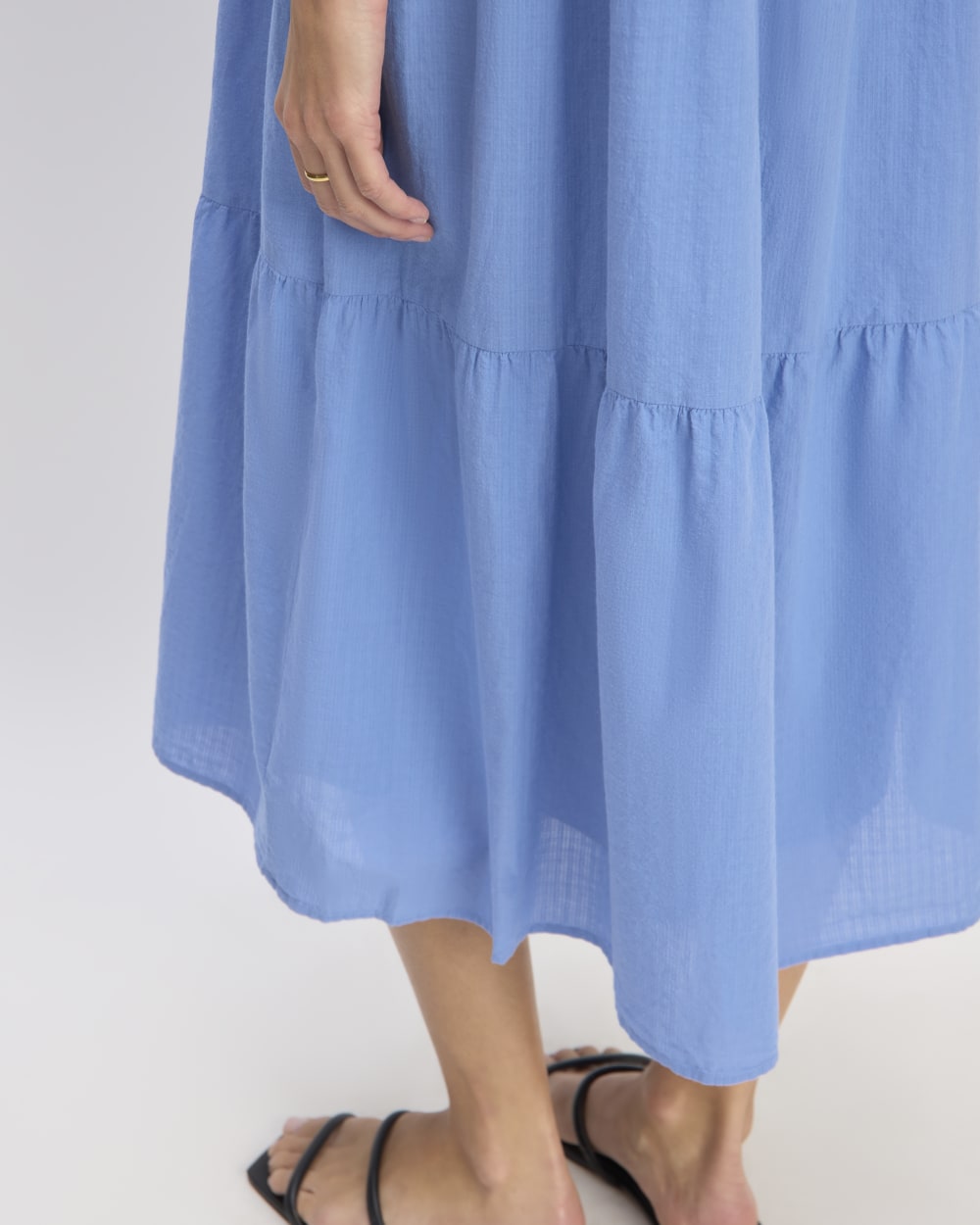 The Gauze Tiered Dress in Blue Opal — detail view