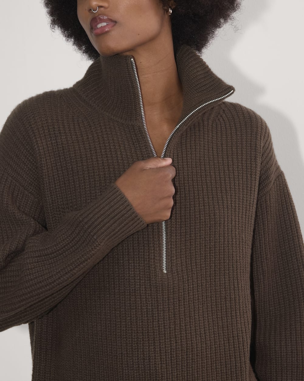 The Half-Zip Sweater in Luxe Merino in Earth Brown — detail view