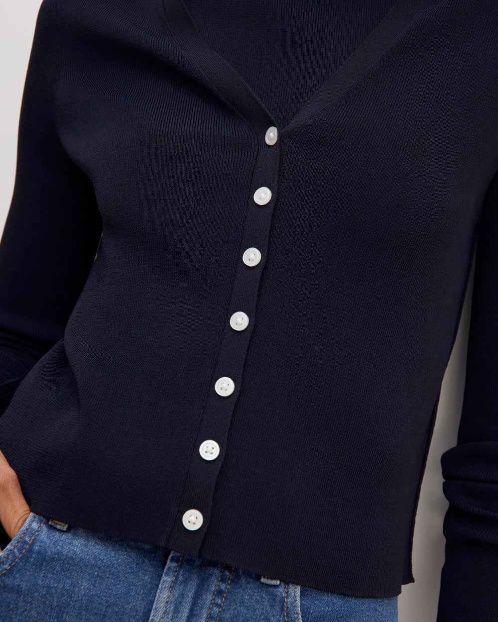 The Viscose Knit Cardigan in Navy — detail view