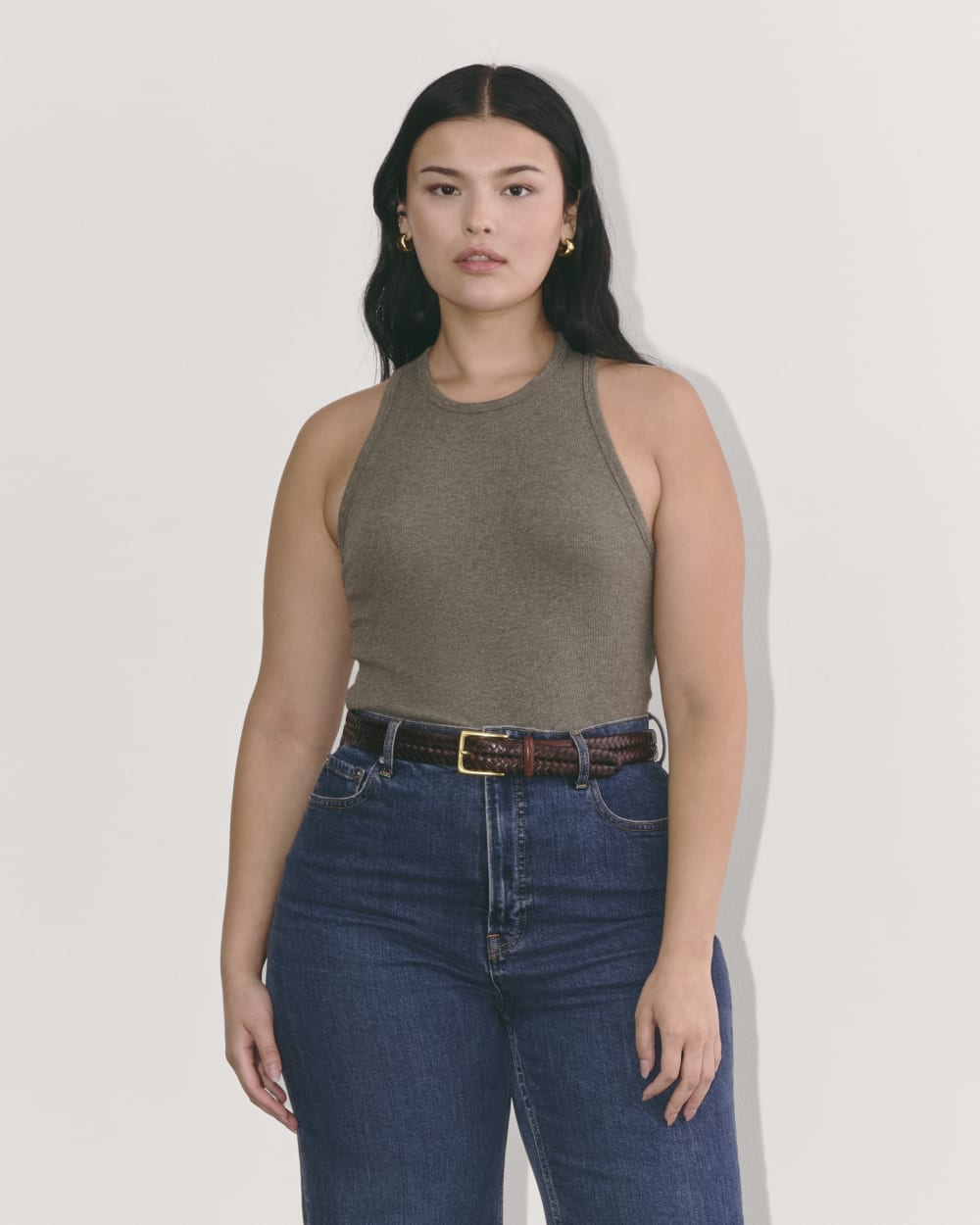 The Luxe Rib Racerback Tank in Heathered Fatigue — front view