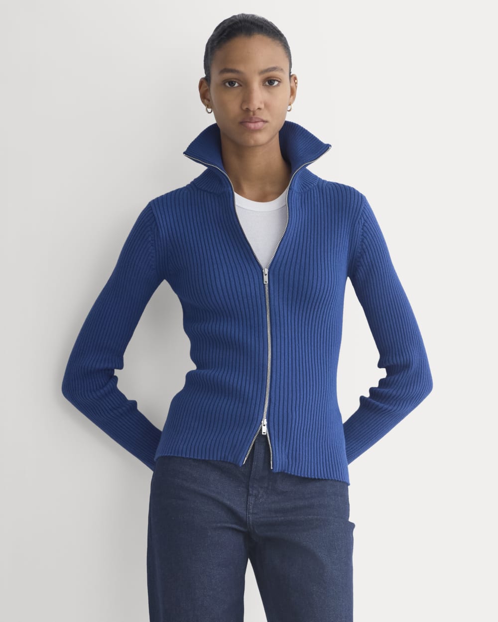 Full-Zip Ribbed Jacket in Everyday Cotton in Estate Blue — front view