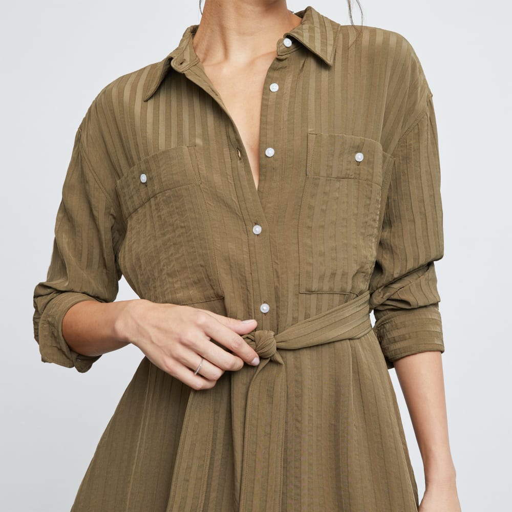 The City Stripe Draped Shirt Dress in Beech — detail view