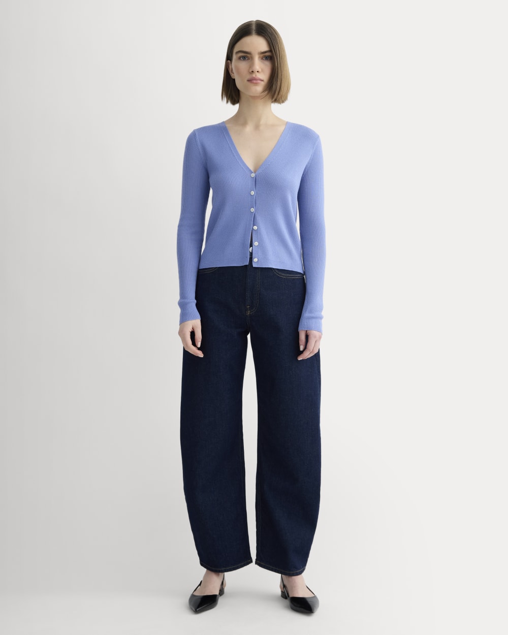 The Cardigan in Ultrasoft Merino in Bluebell — detail view