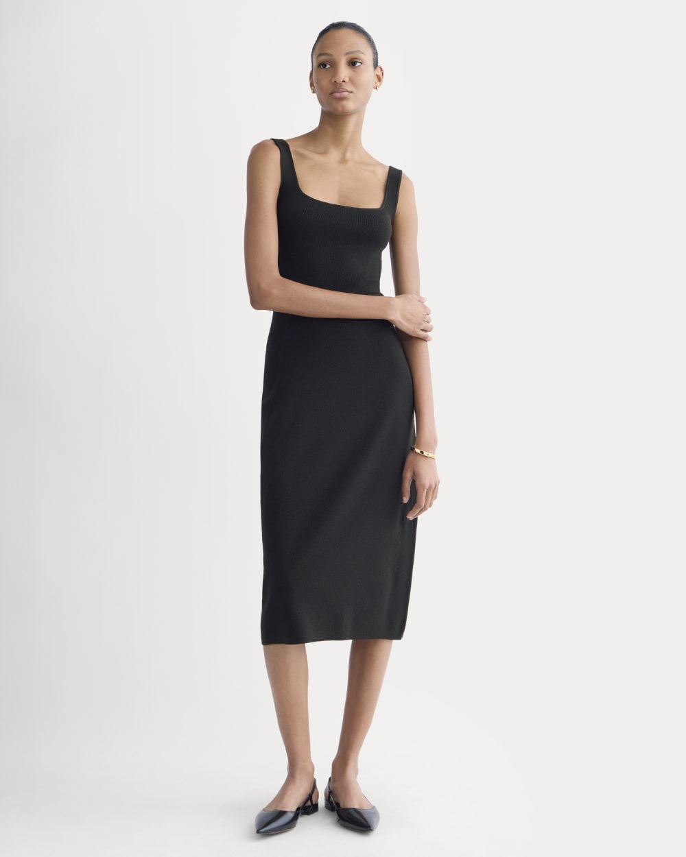 Knit Square-Neck Midi Dress in Black — front view