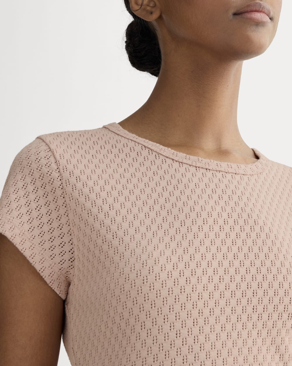 The Pointelle Short-Sleeve Tee in Rose Smoke — detail view