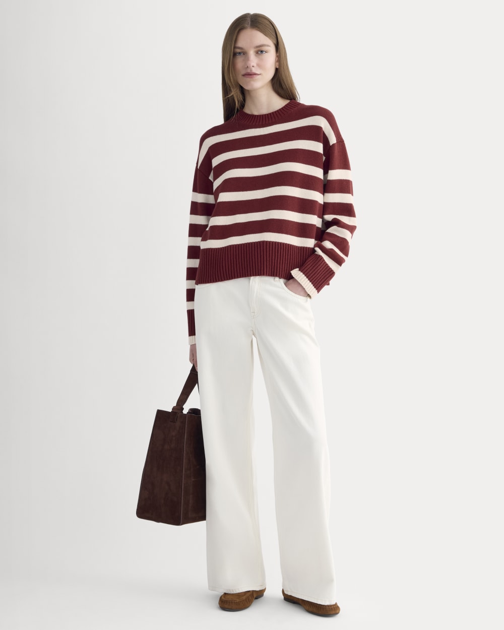 The Boxy Sweater in Everyday Cotton in Merlot / Canvas — detail view