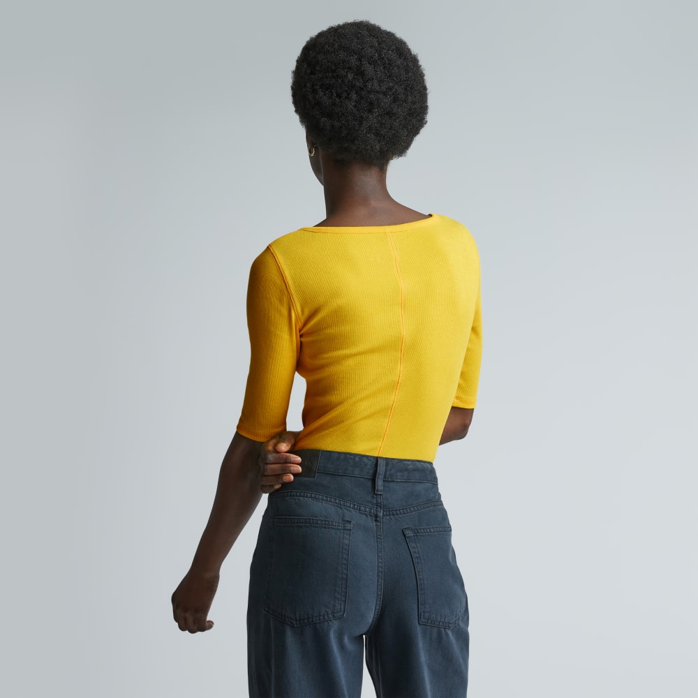 The Luxe Micro-Rib Scoop-Neck Tee in High Visibility Yellow — detail view