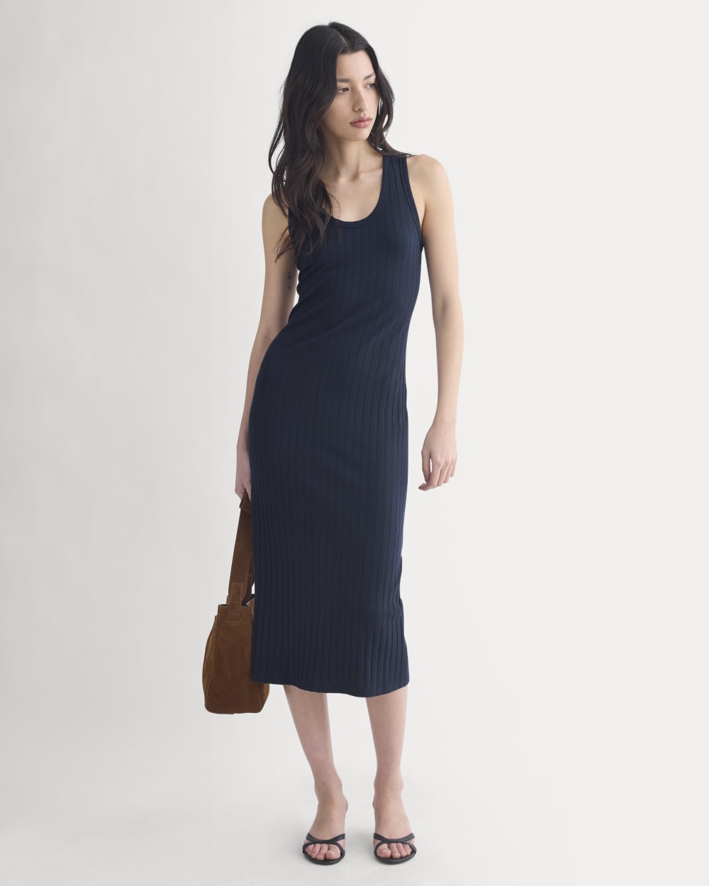 Scoop-Neck Midi Dress in Pointelle Knit in Deep Navy — detail view