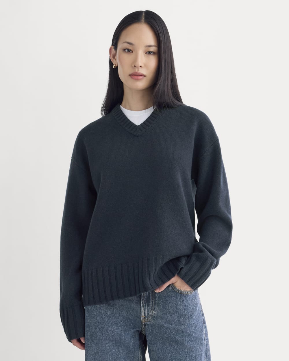 V-Neck Sweater in Extrafine Luxe Merino in Navy — front view