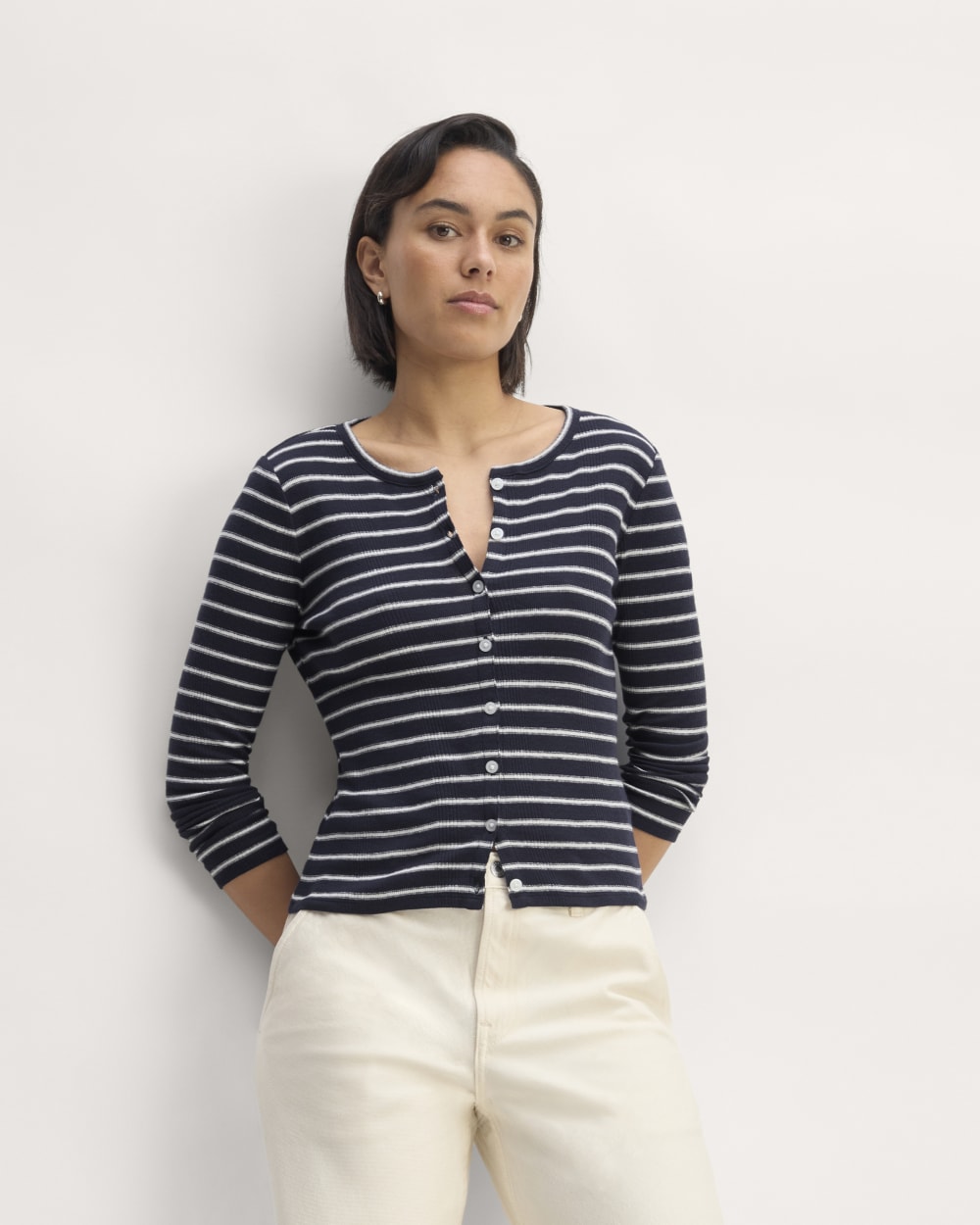 The Vintage Rib Cardigan in Navy / Bone — front view