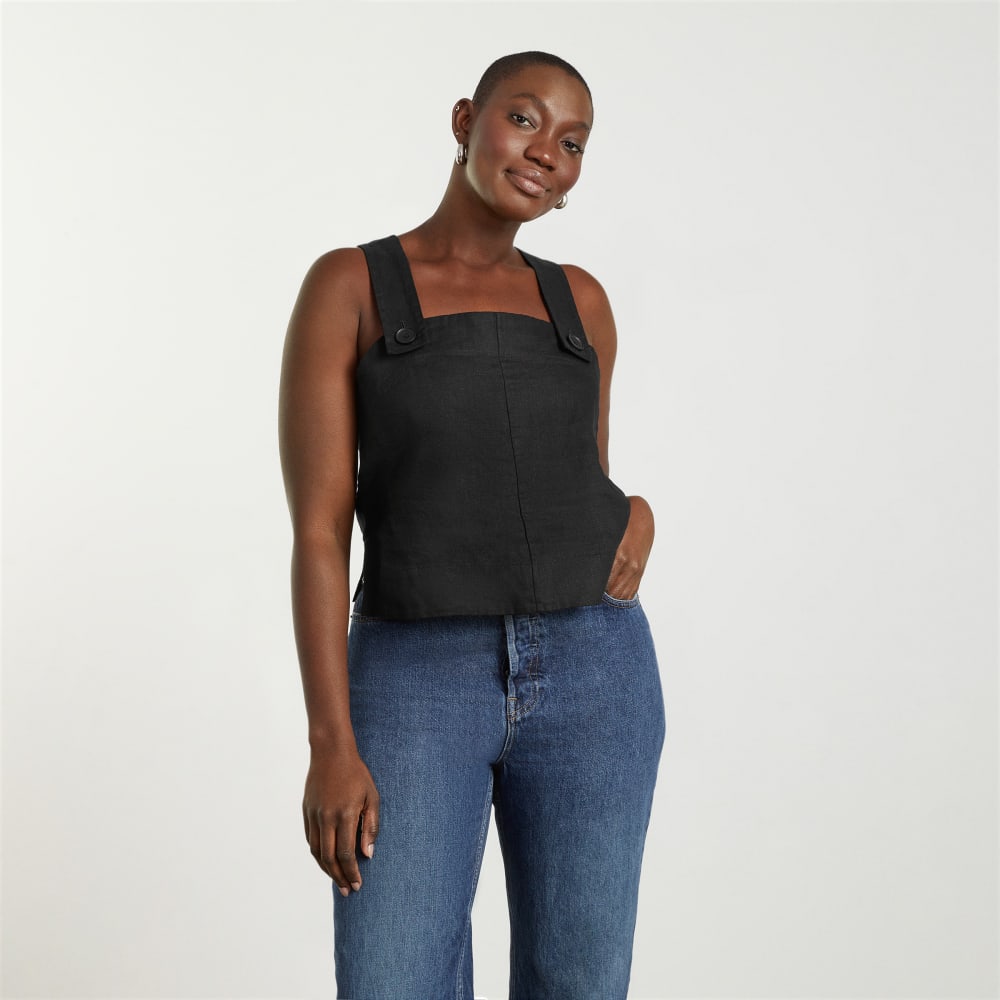 The Apron Linen Tank in Black — alternate view