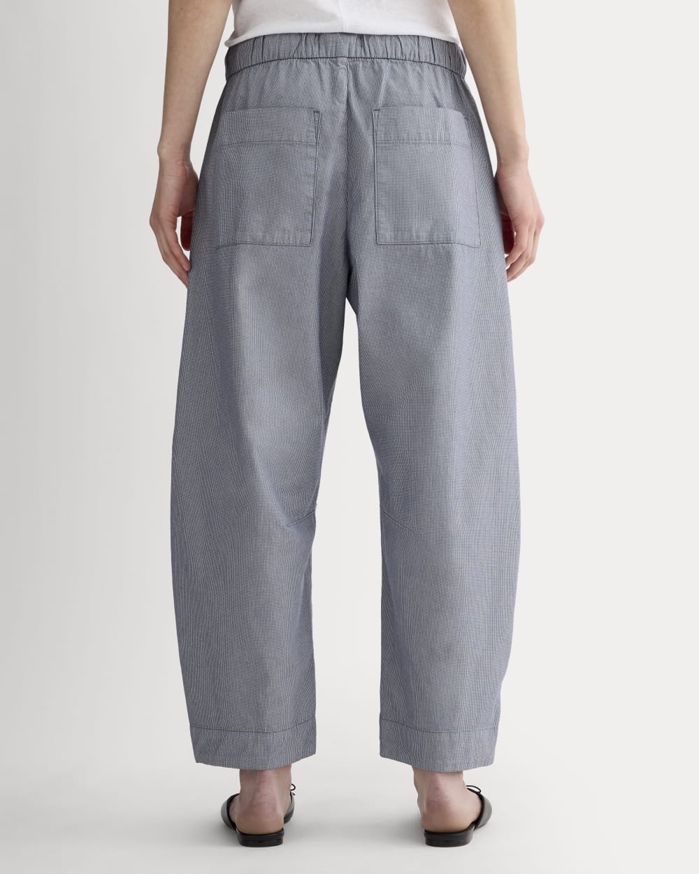 The Easy Barrel Pant in Dark Denim Pinstripe — detail view