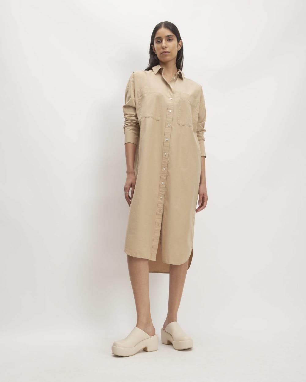 The Midi Cotton Shirt Dress in Cornstalk — front view
