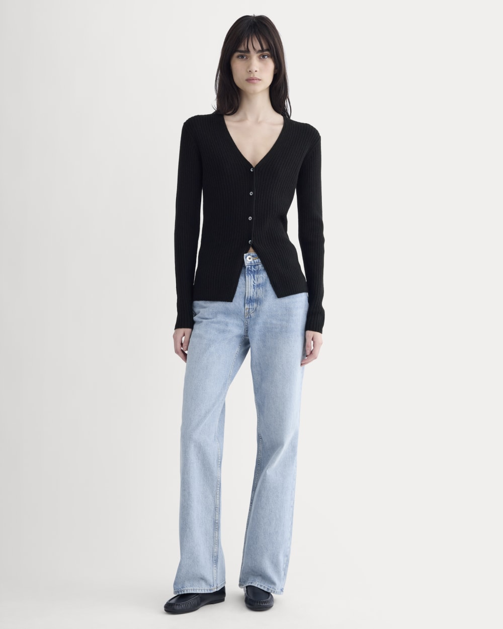 Cashmere Ribbed V-Neck Cardigan in Black — detail view