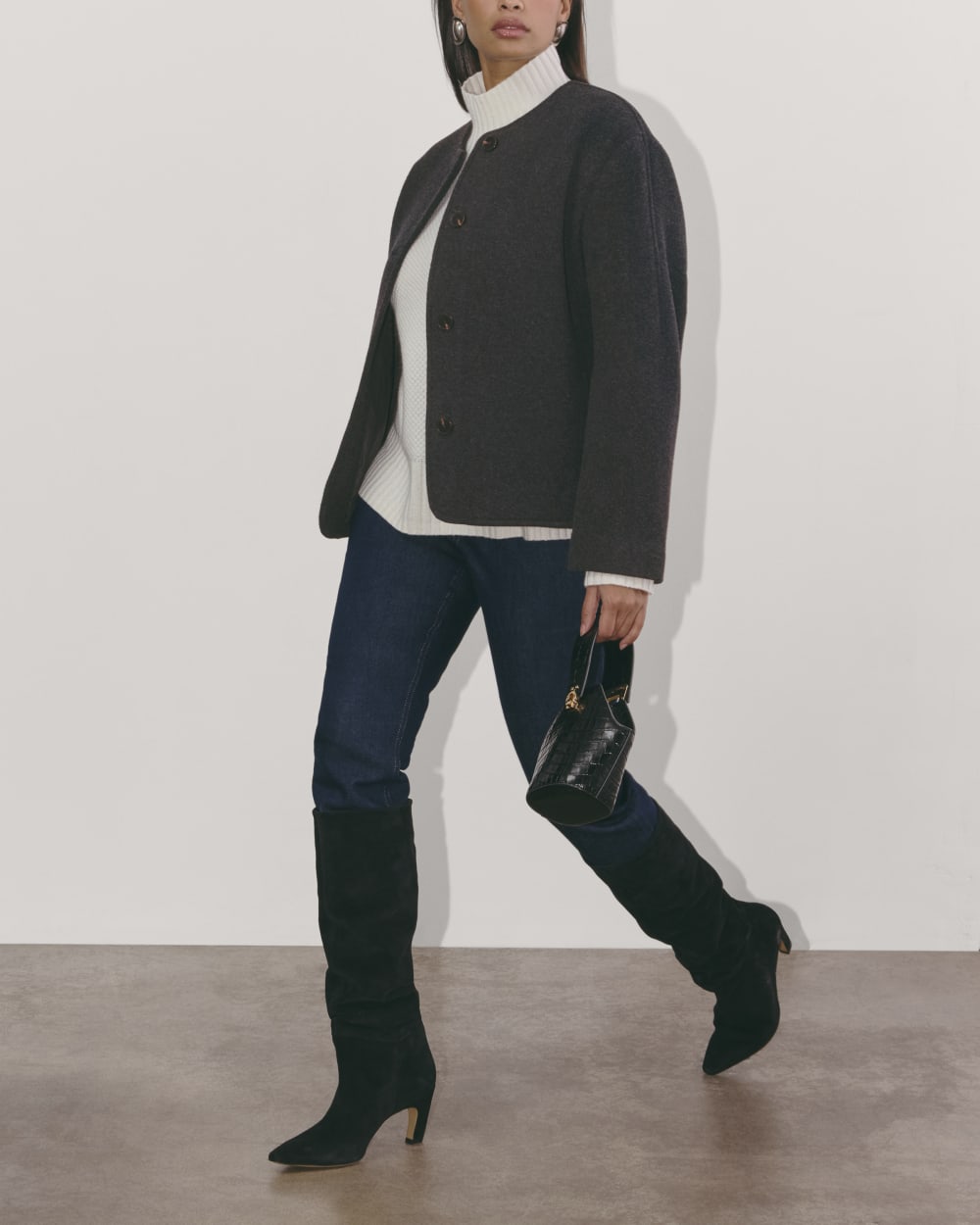 The Cocoon Coat in Wool in Heather Charcoal — detail view