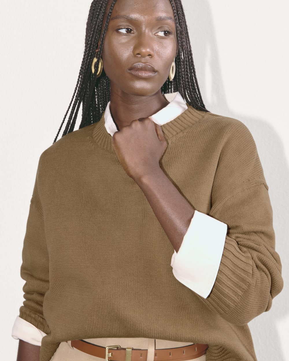 The Boxy Sweater in Everyday Cotton in Toasted Coconut — detail view