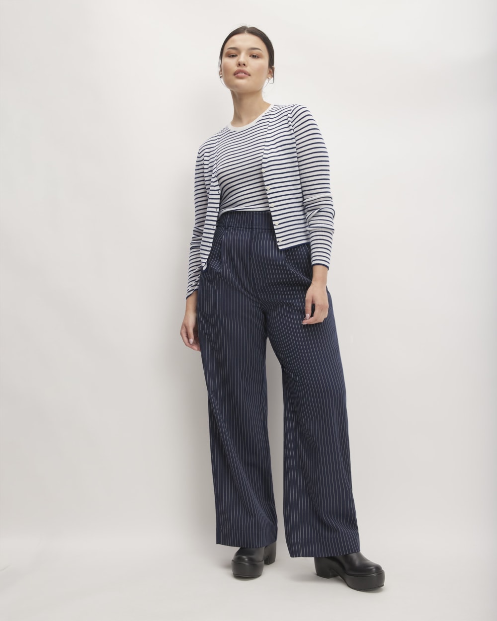 The Cardigan in Ultrasoft Merino in Bone/Navy — detail view