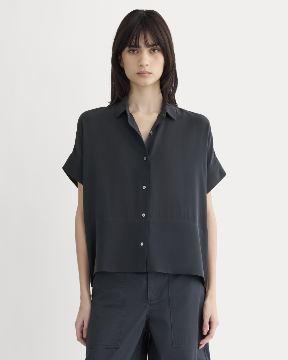 The Boxy Shirt in Washable Silk in Navy — front view