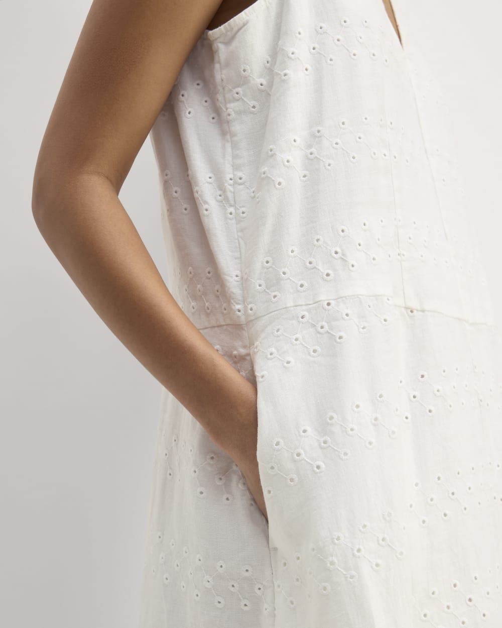The Linen Eyelet Maxi Dress in White Eyelet — detail view