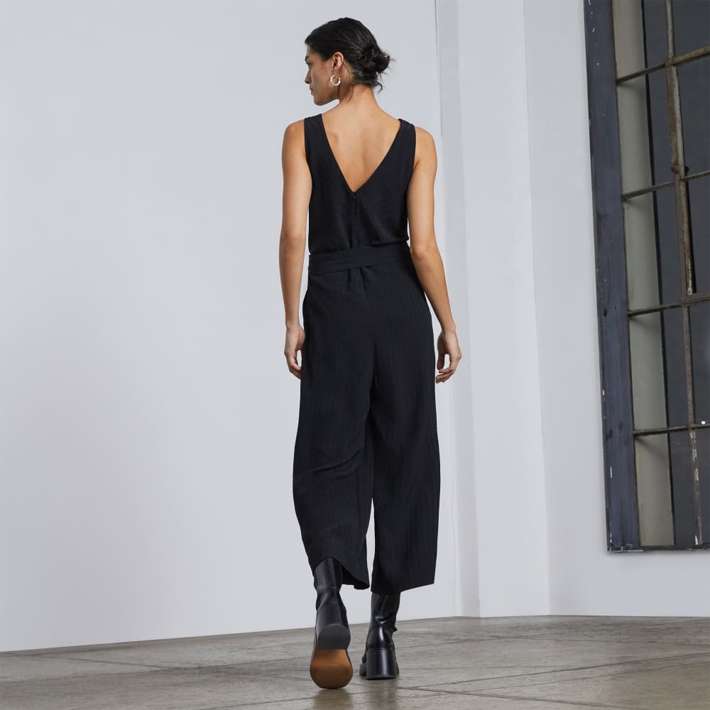 The City Stripe Draped Jumpsuit in Black — detail view