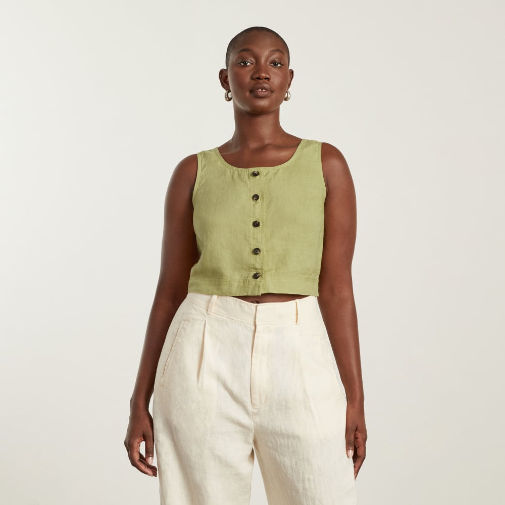 The Linen Button-Front Crop Tank in Leek — alternate view