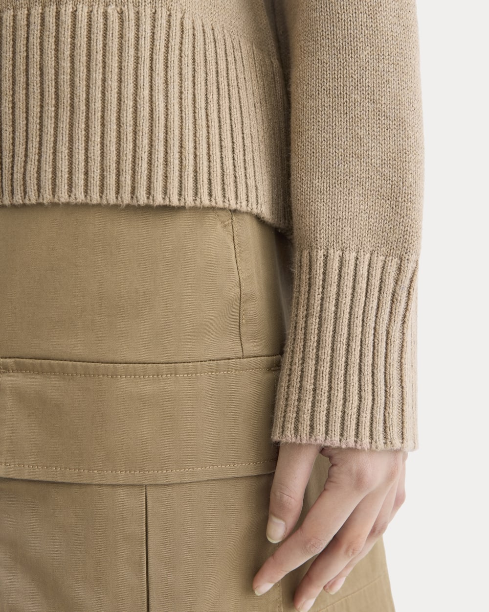 The Boxy Sweater in Everyday Cotton in Dark Heathered Camel — detail view