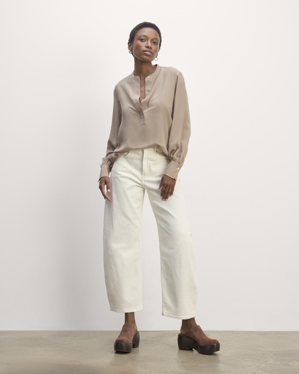 The Henley Shirt in Washable Silk in Burnt Sugar — detail view