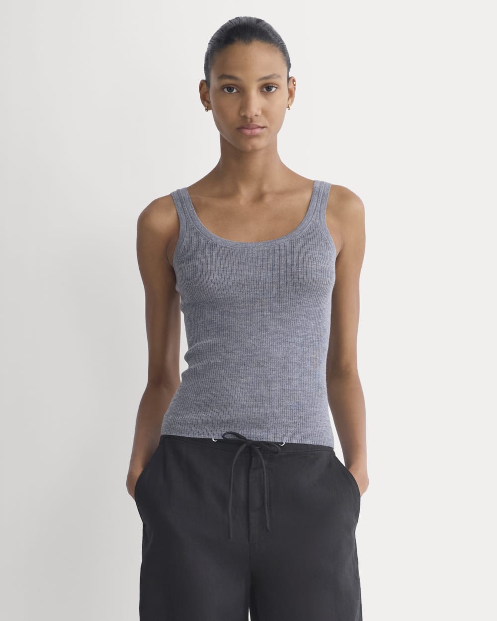 The Light Ribbed Cami in Ultrasoft Merino in Heather Mid Grey — front view