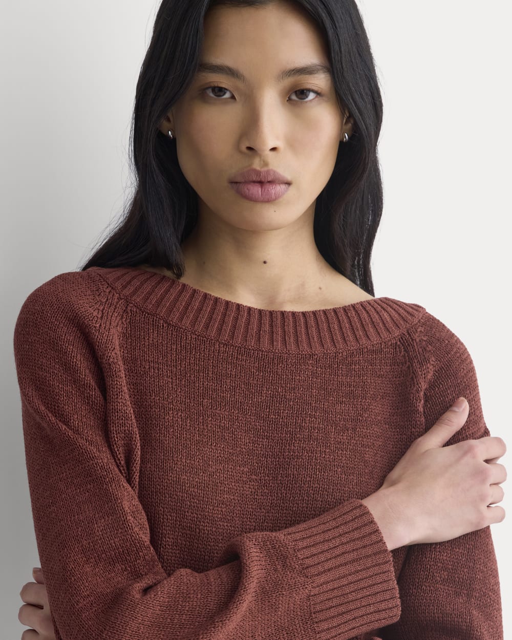 Wide-Neck Crew Sweater in Tape Yarn in Henna Red — detail view