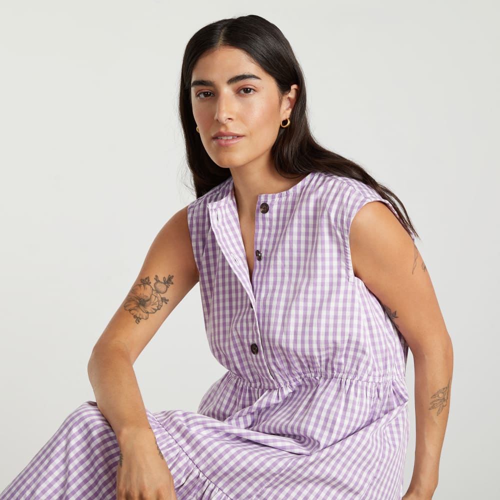 The Tiered Midi Dress in Orchid Gingham — detail view