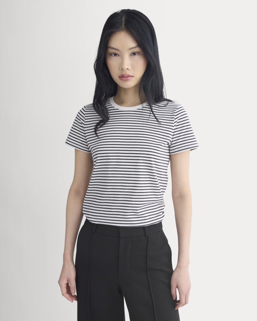 The Slim Crew in Essential Cotton in Bone / Pirate Black Stripe — detail view